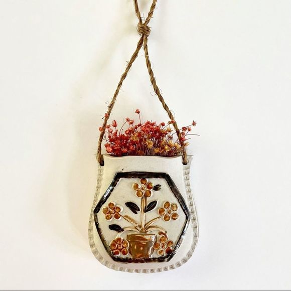 Vintage 70s Ceramic Wall Pocket, Flower Pot Motif, Earth-tones, Flower c… - Picture 2 of 6